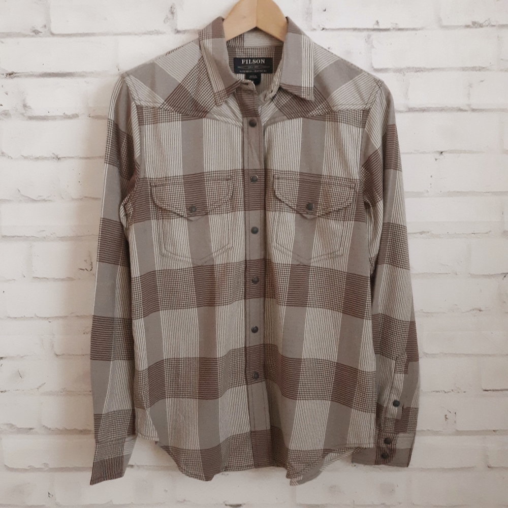 Filson Pioneer Shirt Snap Front Plaid Wool Cream Brown Small